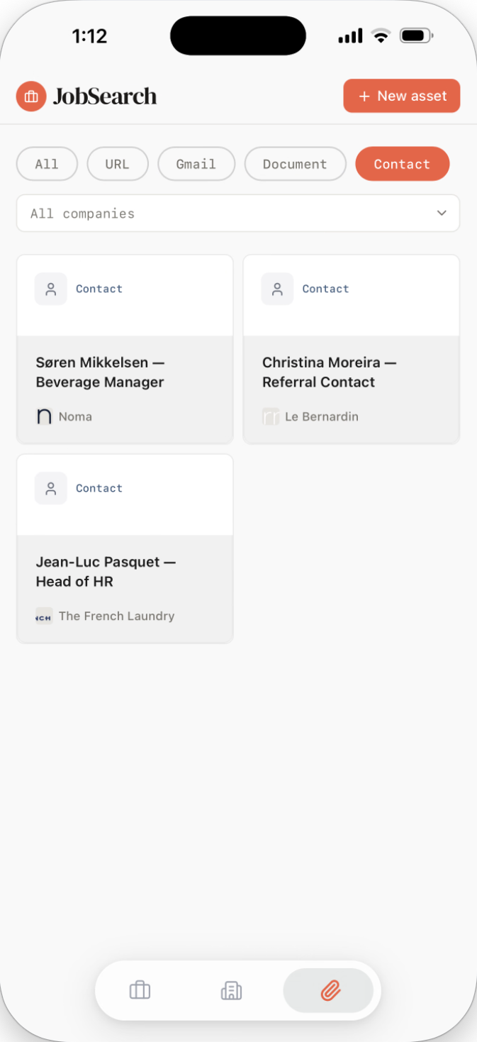 Asset library filtered by type, displaying reusable documents, contacts, and links shared across multiple job applications.